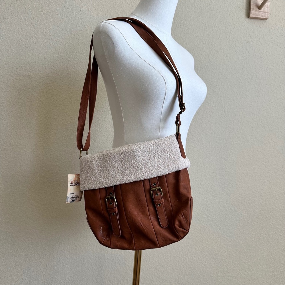 Y2K Mudd Tan Faux Leather Crossbody Bag Faux Shearling Collar Fall Indie Boho